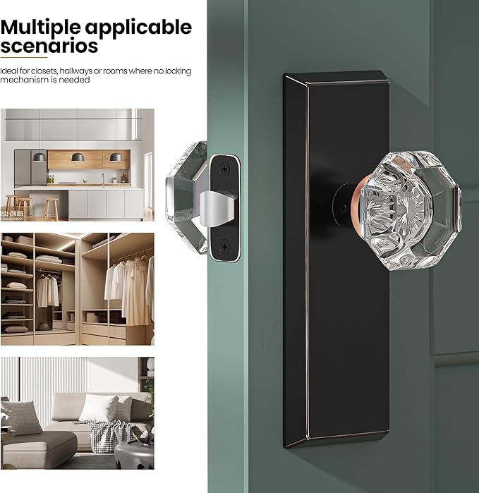 Glass Door Knobs for Interior Doors - Vintage Crystal Passage Closet & Hallway Door Knob - Diamond Cut Door Handle - Oil Rubbed Bronze Finish (1 Pack)