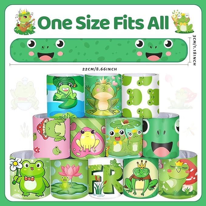 48 PCS Frog Slap Bracelets Party Favors, Frog Wristbands Bracelets Goodie Bag Fillers for Frog Birthday Party Decorations Supplies Gifts for Kids Boys Girls Classroom Rewards