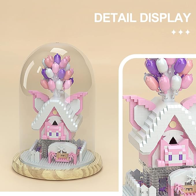 House Building Blocks Kit Toys Set, Miniature1493 Pcs Micro Bricks Collectible Creative Teen Girl Gifts Age 14 and Up, Dust Cover, and Wooden Base Up Balloon Castle Toys DIY Decoration Home