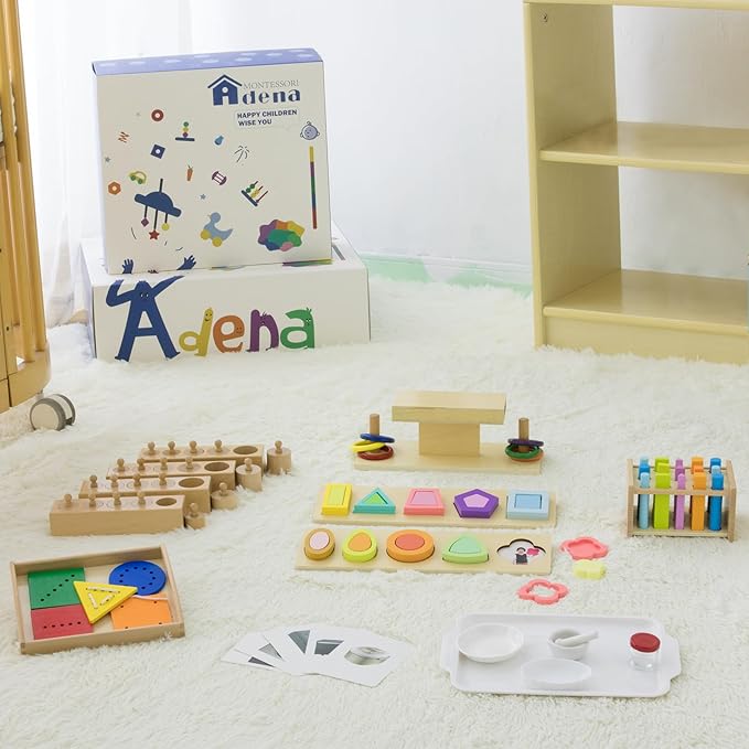 Adena Montessori Play Kit for 22-24 Months Baby,7 in 1 Learning Educational Toys for Toddler,Include Geo Shapes Puzzle,Montessori Cylinder Blocks and More,Christmas Birthday Gift for Boys Girl