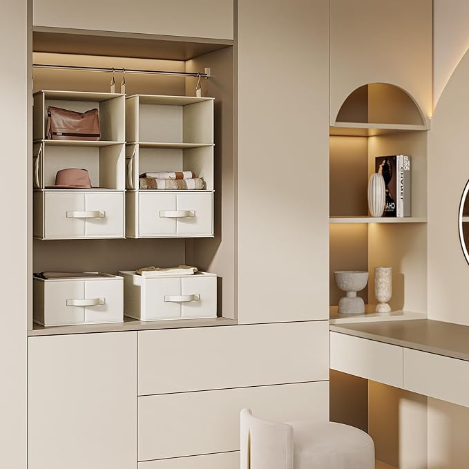 Vailando 3-Shelf Hanging Closet Organizer, Set of 2 Hanging Shelves with 2 Drawers for Wardrobe, Nursery, Baby Clothes Storage and Organization, Beige