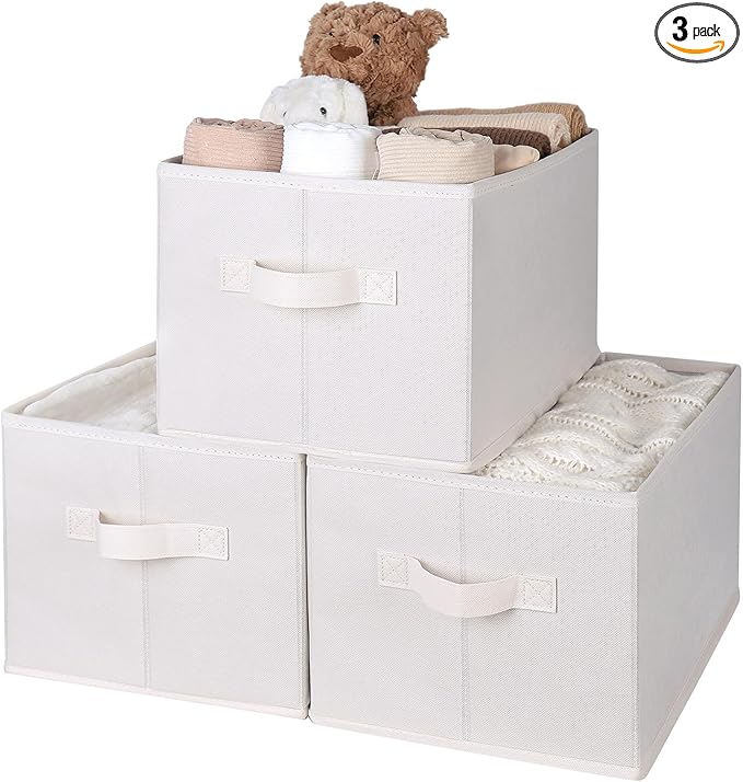 WUIKE Storage Baskets for Shelves, Fabric Storage Bins with Handles, Foldable Shelf Basket for Closet Organizers and Storage, Closet Storage Bins for Organizing, Beige, Large, 3-Pack