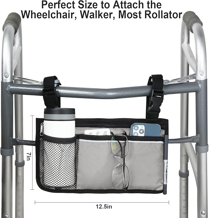Wheelchair Side Bag, Armrest Storage Pouch with Cup Holder and Reflective Strip for Wheelchairs, Walkers or Rollators (Gray)