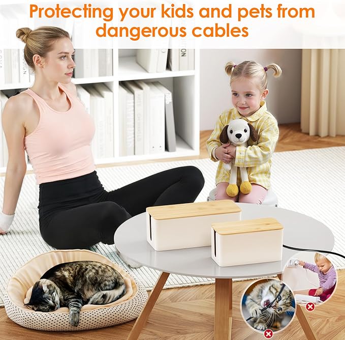 Delamu 2 Pack Cable Management Box Wooden, Wood Box with Lid Safe ABS Cord Hider Box Medium and Small Cable Organizers for Cords, Cable Raceways Power Strip Cover Box Baby Pet Proof for Home Office