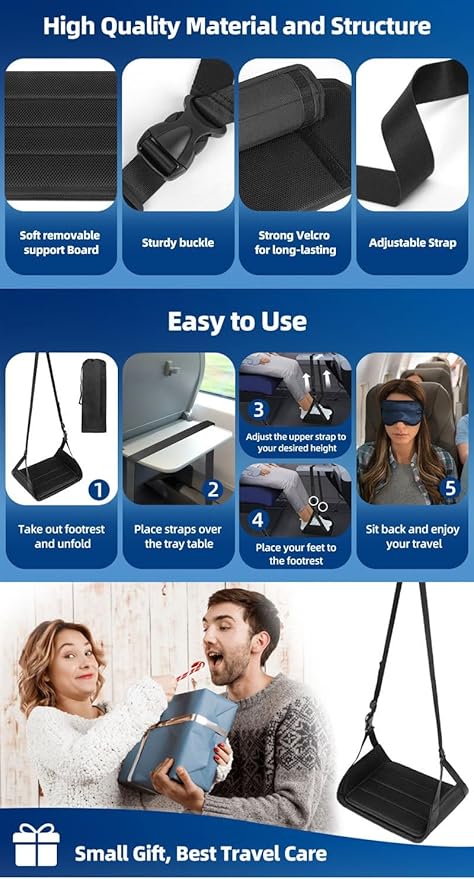 Takelablaze Airplane Travel Footrest Hammock with Hard Board Support and Adjustment Strap Desk Foot Hammock Comfy Footrest for Airplane Long Trip Travel Accessories