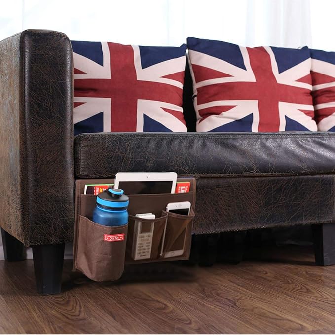 Bedside Storage Organizer - Table Cabinet Organizer Caddy for Remotes, Phone, Glasses (4 Pockets - Coffee)