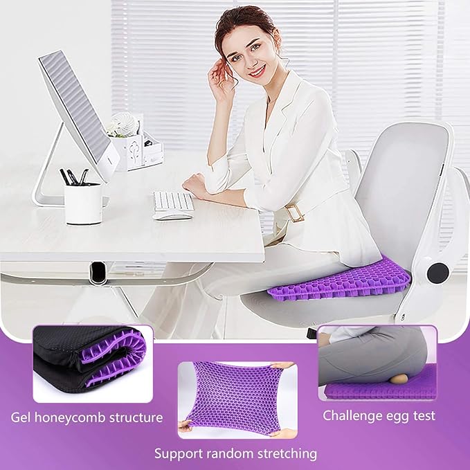 Gel Seat Cushion, for Long Sitting -Double Thick Gel Seat Cushion Breathable Honeycomb Chair Cushion with Non-Slip Cover for Office Chair Car, Wheelchair, Long Trips,Relief Sciatica Pain