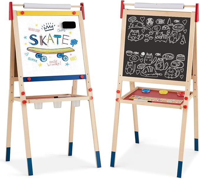 HONEY JOY Easel for Kids, Wooden Height Adjustable Standing Toddler Easel w/Magnetic Chalkboard & White Board, Paper Roll, Painting Accessories, Magnetic Alphabet, Art Easel for Boys Girls, Natural