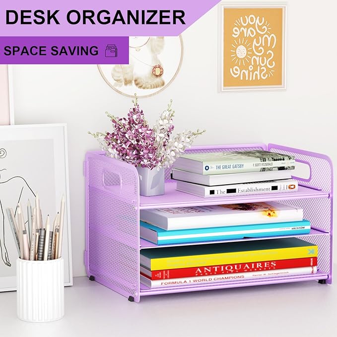 3 Tier Paper Letter Tray Organizer for Desk, Mesh File Folder Document Organizer with Handle for Home Office Supplies Desktop Accessories, Purple