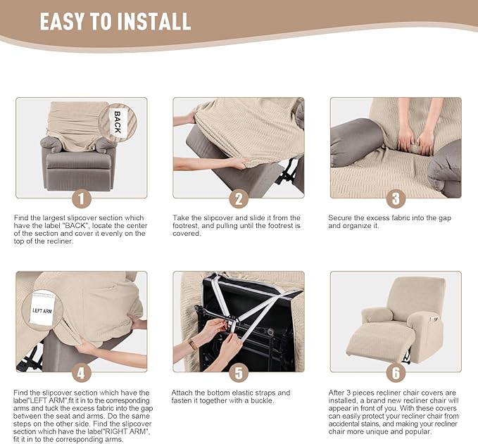 KinCam Recliner Covers, Stretch Reclining Chair Covers, Recliner Sofa Slipcovers Stripe Jacquard Recliner Couch Covers Furniture Protector Covers for Pet Kid (1 Seater, Vanilla)