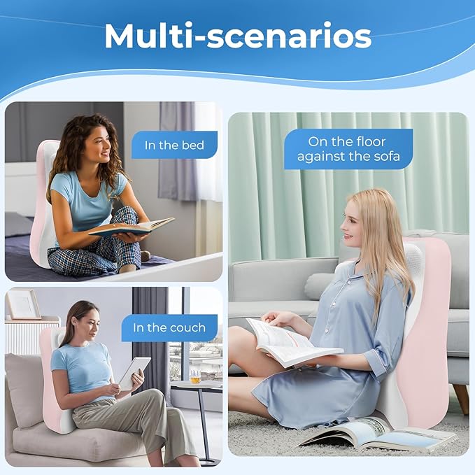 Ergonomic S Curve Reading Pillow for Sitting in Bed Adult- Back Pillow for Bed Sitting up with Adjustable Headrest- Memory Foam, Pink