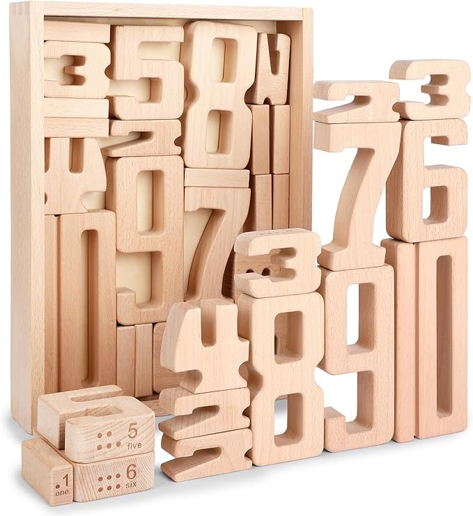 Wooden Numberblocks Toys, 32 Pcs Number Blocks Toys for Kids, Large Number Block 1-10, Digital Building Blocks, Stacking Number Toys for Kids Ages 3-5 Up, Preschool Learning Activities