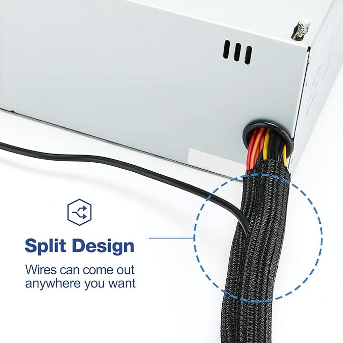 25ft – 1" Split Braided Cable Sleeve – Self-Wrapping Wire Loom Cord Protector for Power Cords, PC, TV, Automotive, and Audio Cable Management – Flexible Cable Organizer – Black