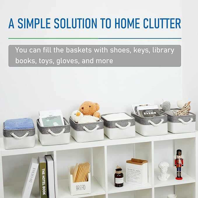 Bidtakay Small Fabric Storage Bins for Closet & Bathroom - Set of 6 Grey & White Baskets - Organizers for Pantry & Kids' Bedroom