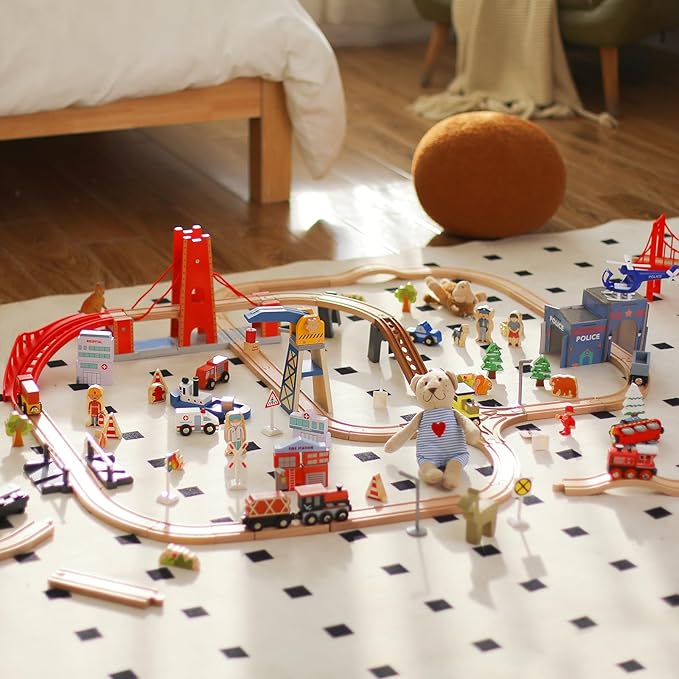 Giant bean 117 Pcs Busy Port City Train Set for Kids- Expandable & Changeable Wooden Train Track Set Toddler Toy, for Boys & Girls Ages 3+