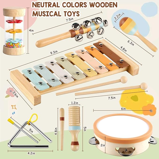 LOOIKOOS Baby Musical Instruments for Kids Montessori Music Toys for Toddlers 1-3,Neutral Colors Wooden Percussion Instruments Set with Modern Boho Xylophone for Kid Preschool Educational 3+
