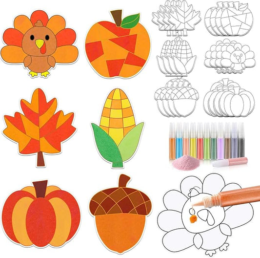 24 Sets Thanksgiving Sand Art Craft Kit for Kids Turkey Maple Leaf Pumpkin Fall DIY Sand Painting Kit with Colored Sand Brushes Make Your Own Sand Art for Thanksgiving Party Home Activities