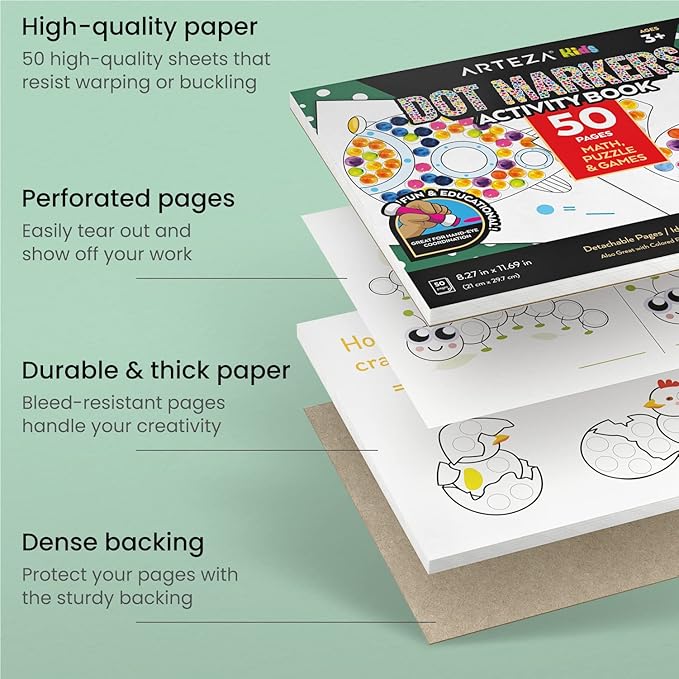 ARTEZA Kids Dot Markers and Kids’ Activity Book, 6 Nontoxic Bingo Daubers