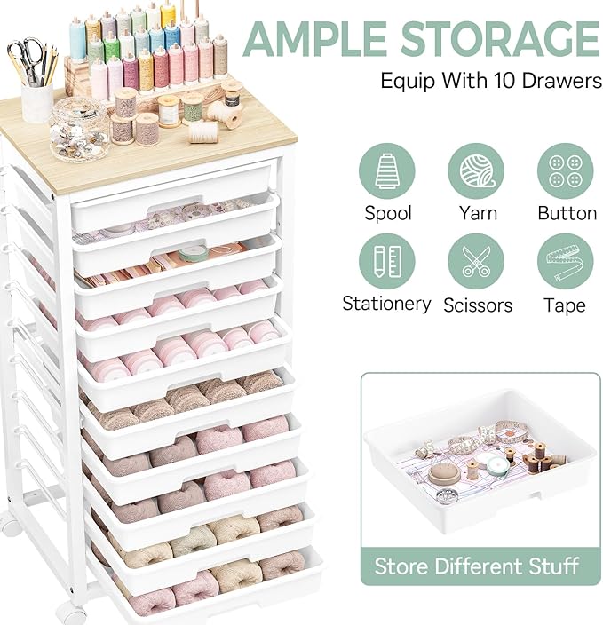 Rolling Cart with Drawers,10 Drawer Rolling Cart,Rolling storage cart with drawers,White Rolling Drawer Cart,Teacher Rolling Cart for Classroom Storage,Craft Cart with Wooden Tabletop