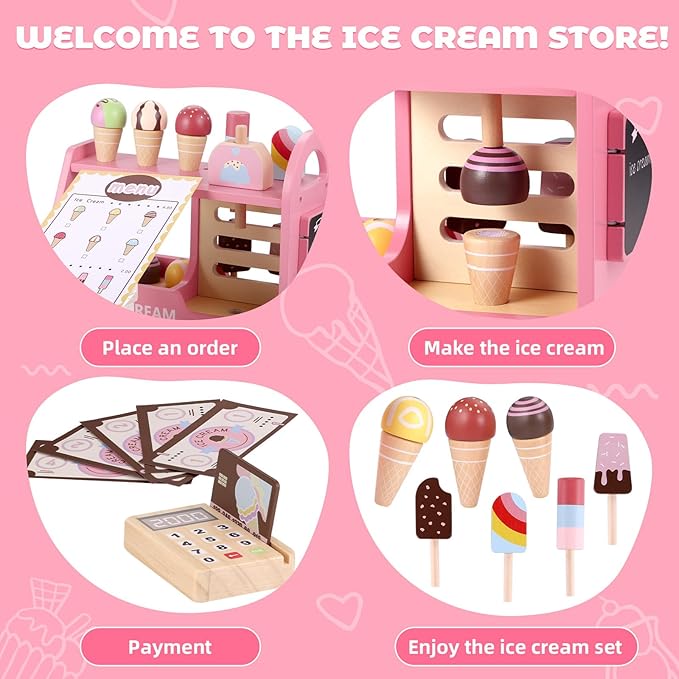 GAGAKU Wooden Ice Cream Play Set for Kids Pretend Play Food Wooden Ice Cream Set Shop Play Kitchen Accessories with Menu and Cash Role Play Toys Gifts for Toddler 3 4 5 6 7 8 Years Old Girls and Boys