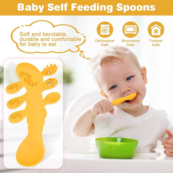 Silicone Baby Spoons Self Feeding 6+ Months 3PCS Toddler Forks and Spoons Utensils Baby Led Weaning Teething Spoon Infant Spoons First Stage Newborn Baby Essentials Baby Gifts Yellow