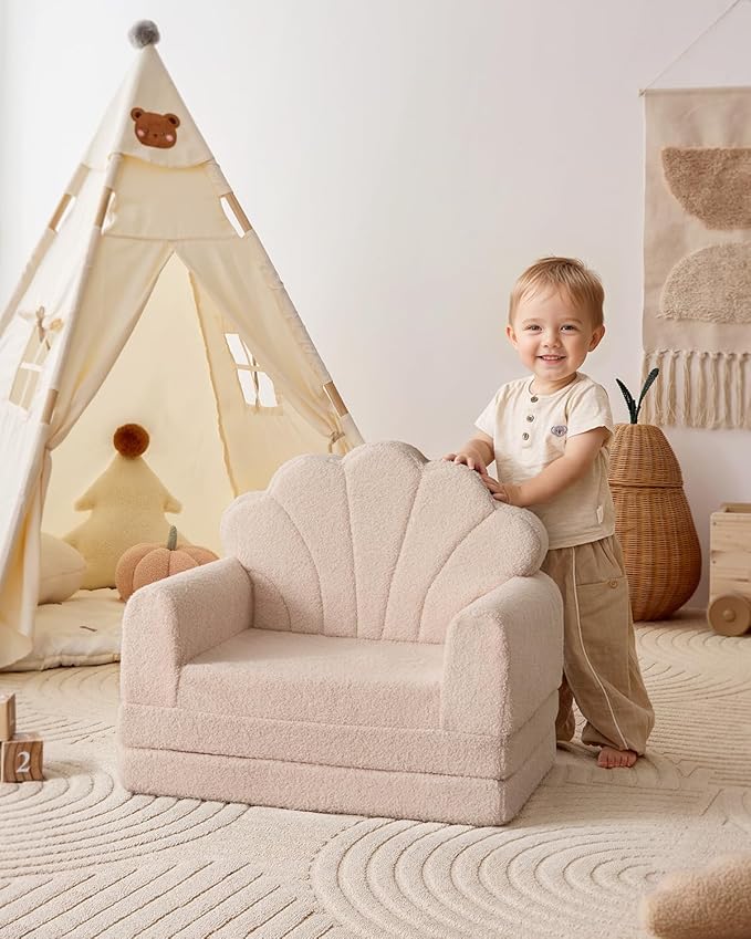 Blissful Diary Kids Couch, 2-in-1 Soft Toddler Couch Fold Out, Toddler Chair Comfy, Convertible Sofa to Lounger with Cute Shell Designs, Beige