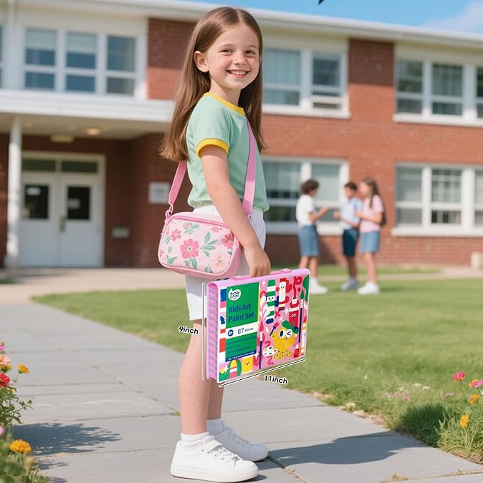 KIDDYCOLOR Kids Art Set, Drawing Art Supplies for Girls & Boys Ages 4-8 with Watercolor Cakes, Oil Pastels, Colored Pencils, Ideal Gift for Young Artist, Pink-87pcs