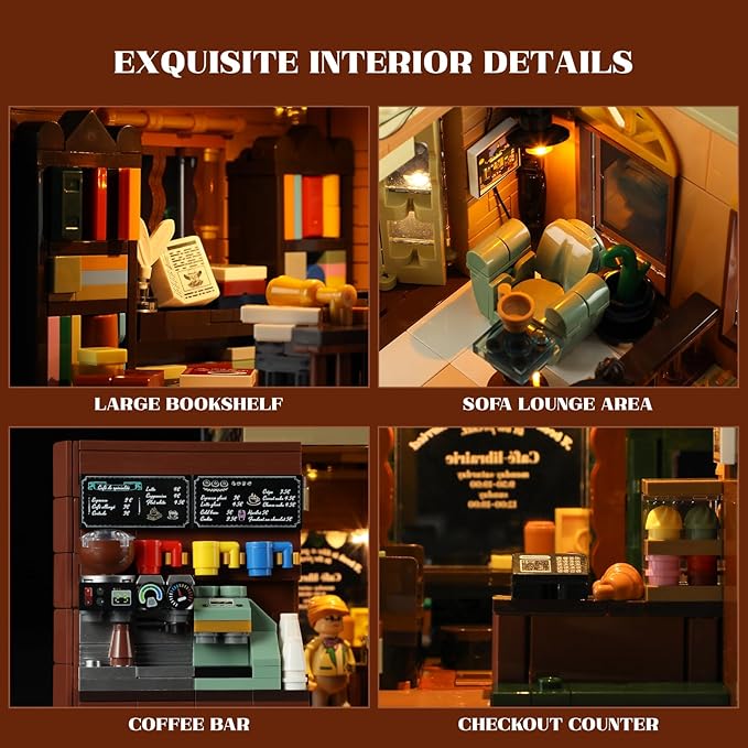 Funwhole Book-Cafe Lighting Building-Bricks Set - City Town Coffee House LED Light Modular Construction Building Model Sets 1718 Pcs for Adults and Teen