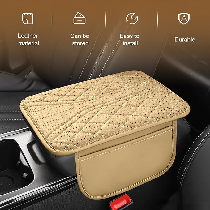 Arwrilt Car Center Console Cover, Leather Automotive Armrest Cushion with 2 Storage Bags, Breathable Armrest Cover, Universal Waterproof Arm Rest Protection Pad for SUV, Sedan, Truck (Beige)