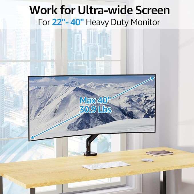 MOUNTUP Ultrawide Monitor Arm for Max 40 Inch Screen, Heavy Duty Monitor Desk Mount Support 6.6-30.9lbs, Computer Monitors Stand for Desk, VESA Mount with Clamp & Grommet Base