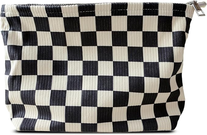 HAPPYHEIDI Checker Corduroy Makeup Bag Women Cosmetic Toiletry Travel Pouch Office Desk Organizer, Vintage Black White Block