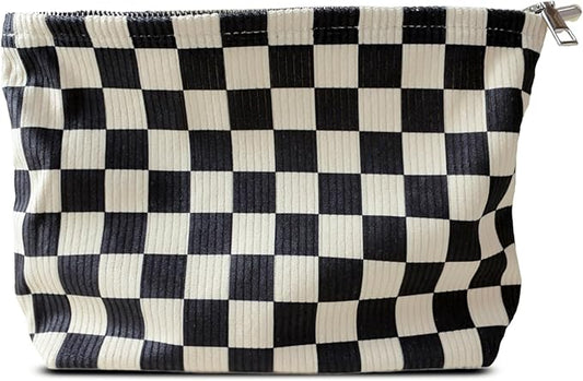 HAPPYHEIDI Checker Corduroy Makeup Bag Women Cosmetic Toiletry Travel Pouch Office Desk Organizer, Vintage Black White Block