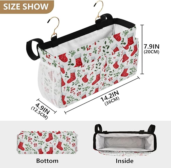 Red Stockings Holly Christmas Bedside Caddy for Dorm Bed Bedside Hanging Caddy Bag Iron Frame Storage Organizer Pocket for Bunk Home College Hospital Beds 2 Hooks