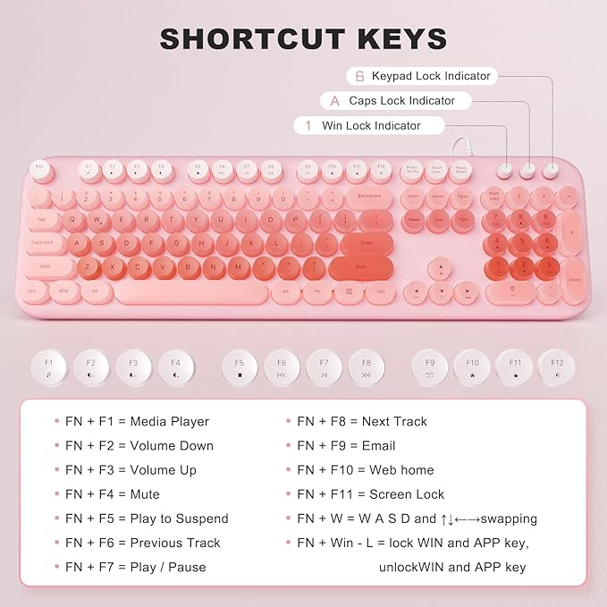 Wired Keyboard with Backlit, Light Up Computer Keyboards with Multimedia Keys, Full Size Wired Keyboard with Illuminated LED, Plug and Play, Anti-Wear Letters for Laptop, Desktop- Pink Colorful