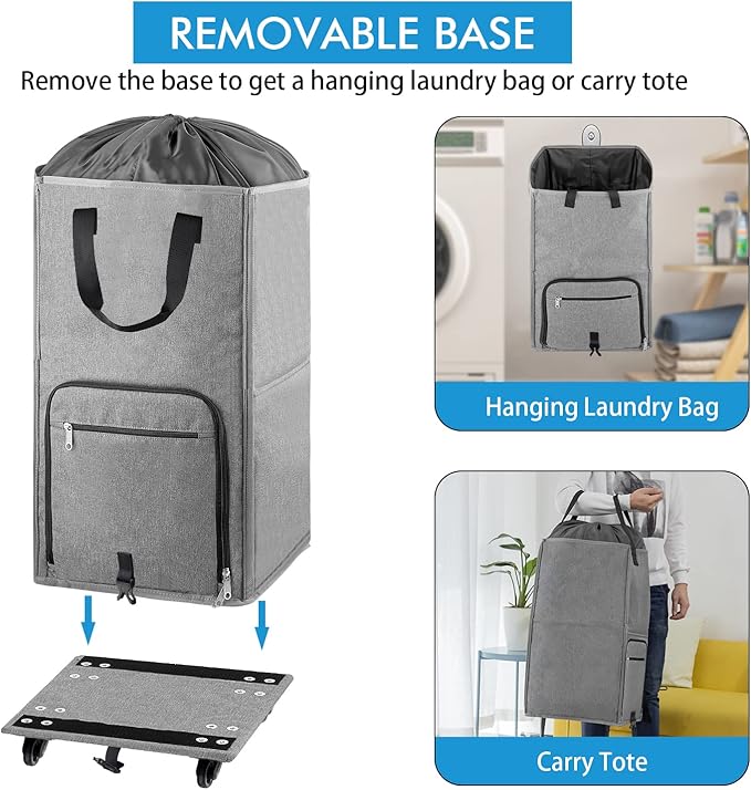 Laundry Hamper with Wheels, Bukere Large Rolling Laundry Basket with 4 Casters and 2 Handles, Collapsible Freestanding Wheeled Laundry Bag for Clothes, Laundry Room, Bathroom