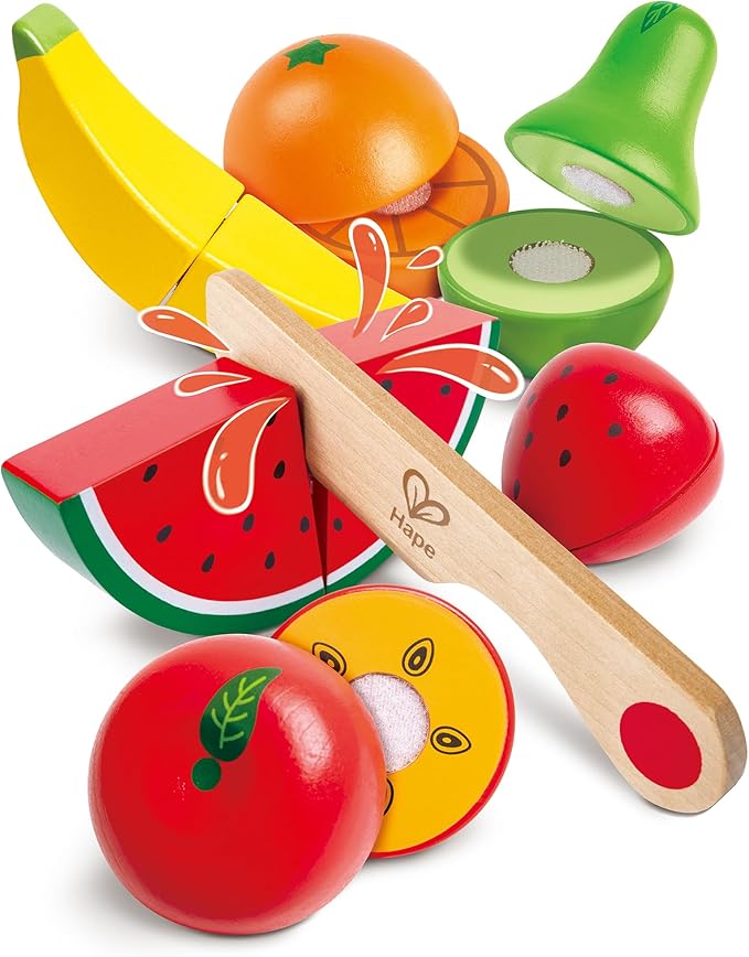 Hape: Fruit Set - 7pc, Wooden Food Play Set, Knife & Velcro Stick Together Fruit Pieces, Cut in Half, Kitchen Pretend Play, Realistic Toy, Kids Age 3+