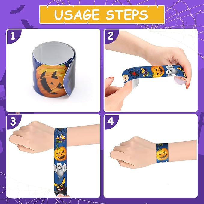 48 Pieces Halloween Slap Bracelets Bulk Party Favors for Kids - 12 Designs Snap Bracelets for Halloween Decorations, Halloween Goodie Treat Bag Stuffers Classroom Prizes Exchanging Gifts Supplies