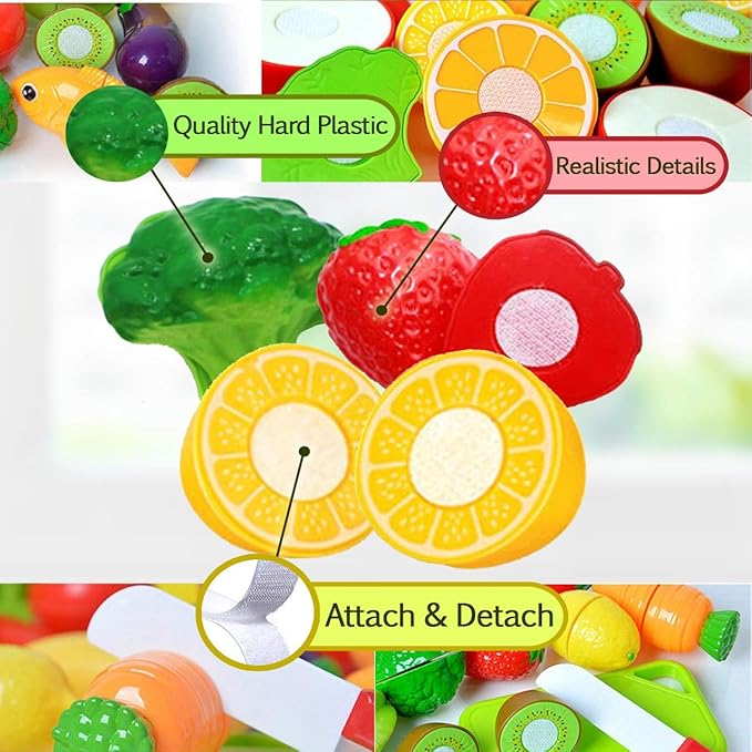 FUNERICA Play Kitchen Cutting Food Toys for Kids - Pretend Cutting Fruits, Vegetables, Cuttable Pizza Pie, Poultry and Fish, Toddler Play Kitchen Accessories with Pots and Utensils