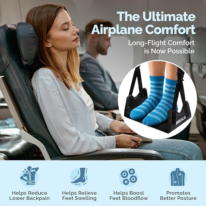 2 Pcs Airplane Foot Hammock–Adjustable Foot Hammock for Plane Travel with Thick Bamboo Base, Lightweight Travel Footrest for Office, Flights(Black)