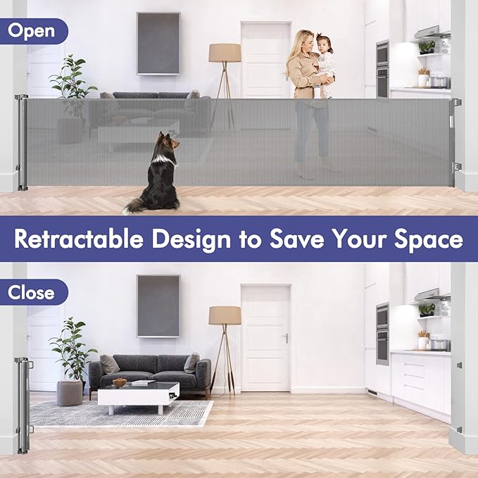 145 Inch Extra Wide Retractable Baby Gate for Large Openings Long Baby Gate Indoor Outdoor Mesh Baby Gate Retractable Gate Dog Gates for The House Extra Wide Retractable Dog Gate for Doorways, Gray