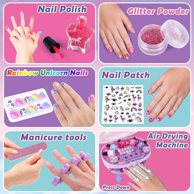 Golray Kids Nail Polish Set for Girls, All-in-One Nail Art Kit - Nail Dryer/ Nail Polish/ Glitter Powder/ False Nails/ Nail Decals/ Toe Separator/File, Age 3-12 Little Girl Gift Toys