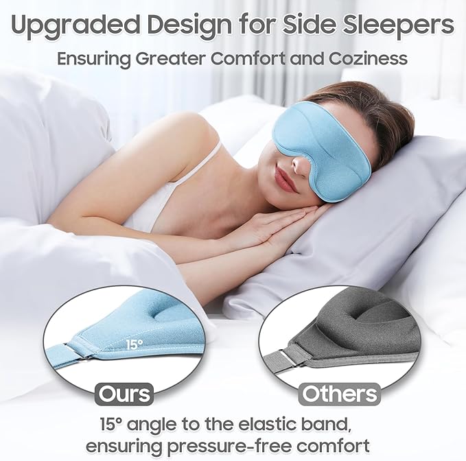 MOEASEii Sleep Mask - Total Blackout 3D Sleeping Mask, Super Lightweight & Silky Soft Eye Mask for Sleeping, Fully Adjustable Fit for Home, Office, Traveling, Meditation, Yoga, Light Blue
