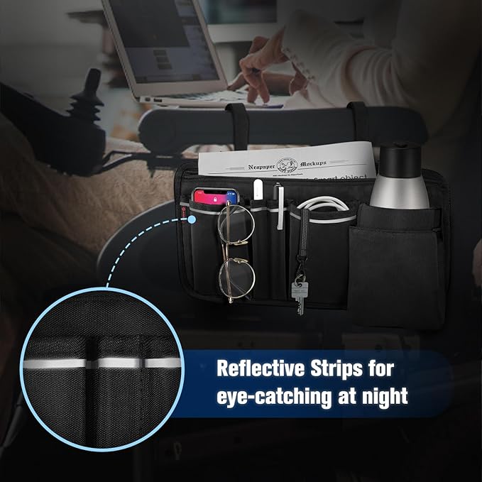 FINPAC Wheelchair Side Organizer Bag with Cup Holder, Wheelchair Armrest Accessories Pouch with Pen Slot and Reflective Strips for Power Wheelchairs, Walkers, Rollators, Adults, Seniors - Black