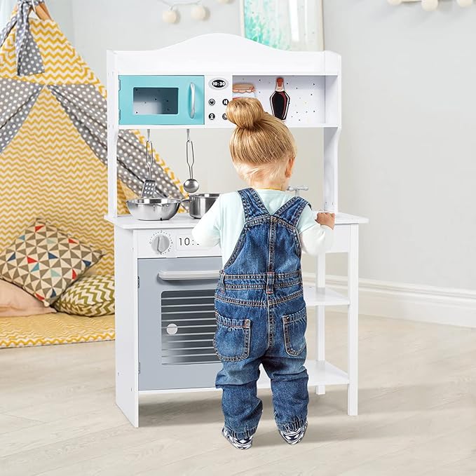 HONEY JOY Kids Kitchen Playset, Toddlers Wooden Play Kitchen Set w/Microwave, Sink, Stove & Oven, Cookware Utensils, Large Storage Shelf, Little Chef Pretend Play Toy Kitchen Set for Boy Girl Age 3+