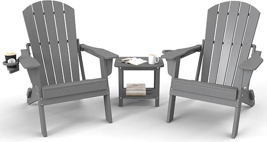 3-Piece Folding Adirondack Chair Set - 38" Extra Tall Back & Embossed Wood Grain, Oversized HDPE Patio Furniture with Side Table & Cup Holders, 380lb Heavy Duty,Grey