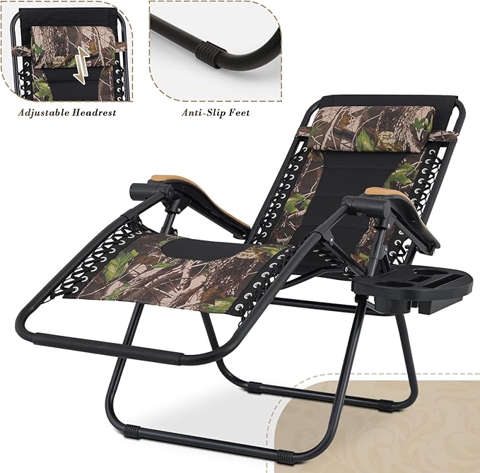 Athena Collection Zero Gravity Outdoor Lounge Chair Set of 2 with Cup Holder, 25" Width Pool Lounge Lawn Chairs Reclining, Outdoor Chaise for Beach Patio Backyard Outside, Jungle