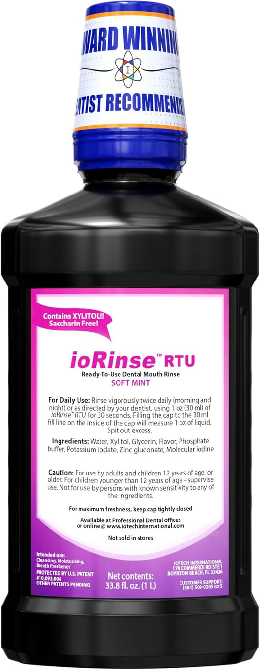 ioRinse Ready-to-Use (RTU) Mouthwash for Fresher Breath, Halitosis Relief, Alcohol-Free, Fluoride-Free and a Professional Clean, Original ioRinse RTU Mouth Wash, Zero Alcohol - Soft Mint Flavor, 1L