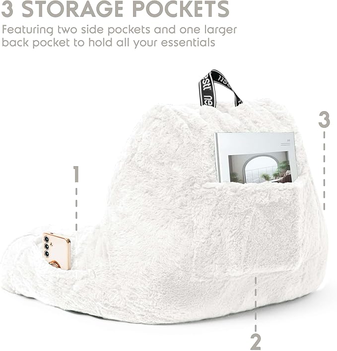 Nestl Fur Reading Pillow, Stylish Back Pillow for Bed Sitting Up, Faux Fur Bed Chair Pillow with Arms, Reading Pillows for Sitting in Bed Adult & Kids, Sit Up Back Support Pillow for Bed Rest - White