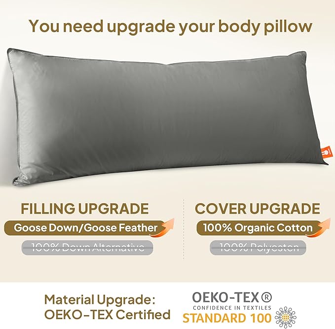 Goose Down Body Pillows for Adults, Large Body Pillow for Side Sleeper, Hugging Feather Body Pillow Insert, Cooling Full Length Long Pillow for Bed with 100% Organic Cotton Shell, 20"x72" Dark Grey