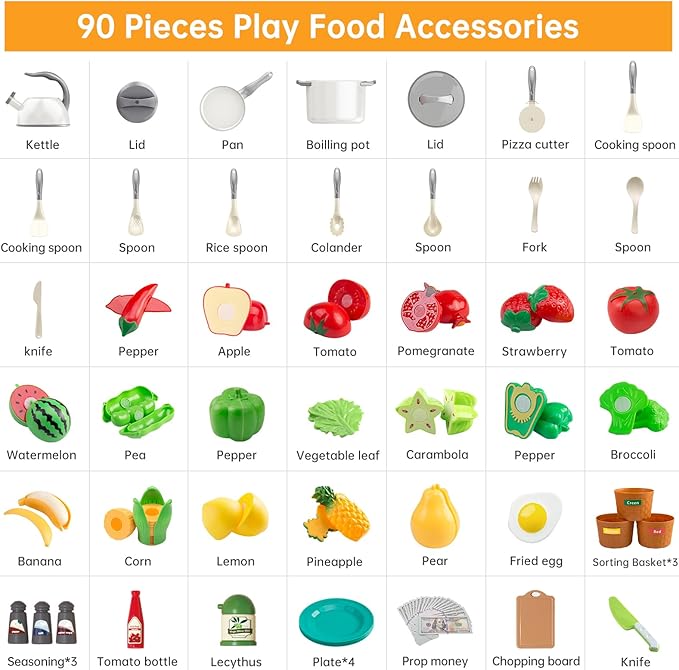 90Pcs Kitchen Playset Accessories, Pretend Cooking with Pots, Pans, Cookware, Food, Fruit, Veges, Color Sorting Baskets, Prop Money, Learning Gift for Girls Boys Toddlers (White)
